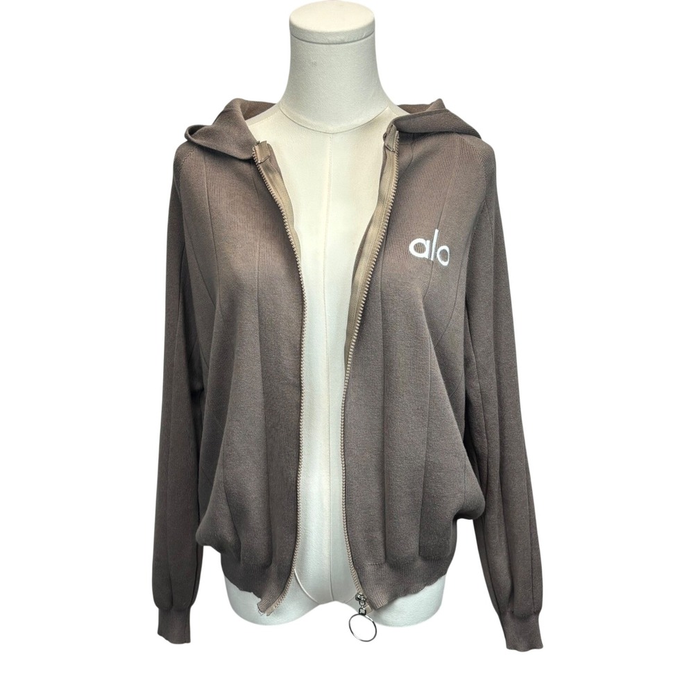 Alo Yoga Ribbed Zip Up Hoodie Women L Taupe Brown Full Zip Athleisure Yoga Core - Picture 5 of 8